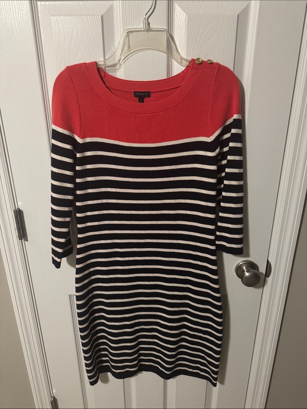 Talbots Coral Red and Navy Striped Midi Sweater Dress